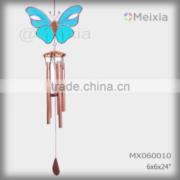 MX060010 wholesale wind bell with tiffany style stained glass butterfly decoration and metal wind bell pipe