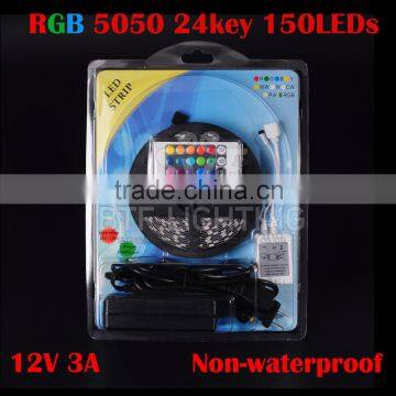 5M SMD 5050 150Leds Non waterproof RGB LED Strip + 24 Key + 12V 3A Transformer red/green/blue/yellow/pink/uv/warm/cold white 12V