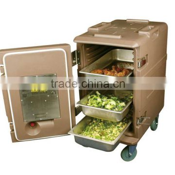 Rotomold front loading food carrier with electric