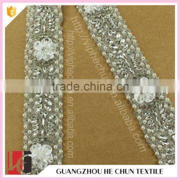 HC-0604-1 Hechun White Flower Embroidered Rhinestone Wedding Sash for Dress photo-4