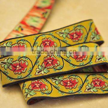 Jacquard Ribbon Trim Black Flower Yellow Floral Vine