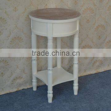 Antique white shabby round design matt surface mini wooden bedside table with shelf cheap price