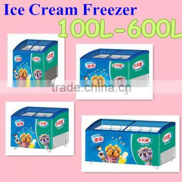 new efficient compressor 100L-600L commercial curved glass door chest freezer ice cream freezer showcase display freezer