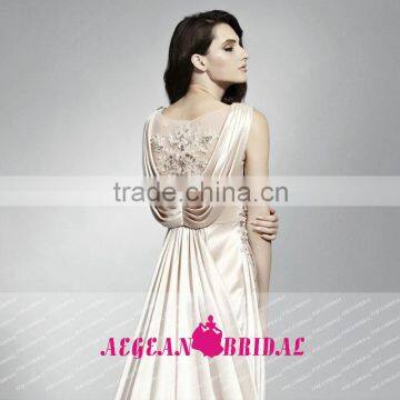 HT32 Hot Sale Elegant High Neck Cap Sleeve 2015 Prom Dresses Floor Length Beaded Applique Satin Vestido De Formatura Longo photo-6