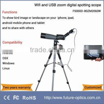 HD working with iPhone and iPad Wifi and USB zoom digital and video spotting scope F5000D-80ZM2060W