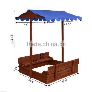 Qaba With Canopy and Bench Seats Wooden Covered Convertible 2 Kids Sandbox
