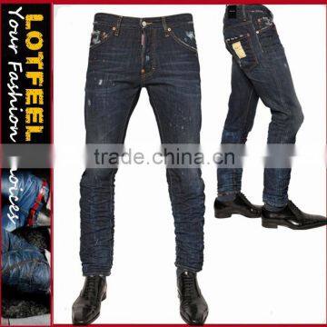 Ripped knee wash distressed and paint stained wrinkled effect denim jeans pents man (LOTM099)