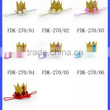 Newborn Toddler Girls Elastic Band Pink Flower Gold Princess Crown Headband photo-6