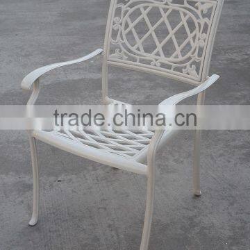 patio metal dining chairs in cast aluminum frame creamy white floral design stackable arm chair #IVY14128-1