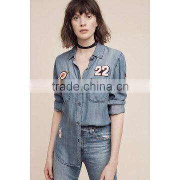 Guangzhou women clothes long sleeve patch embroidery vintage denim shirt