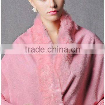 CX-B-P-21 Women Fashion Cashmere Pashmina Shawl With Fur Trim photo-2