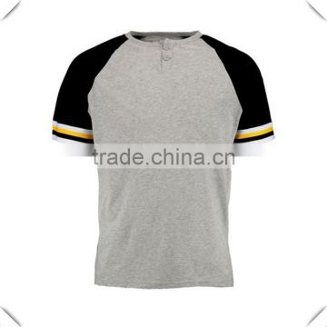 Cheap Wholesale Mens Raglan T Shirt Contrast Black Grey T-Shirt Cotton Polyester Blank Button Up T-Shirt with Striped Sleeve