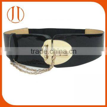 Women Ladies Elastic Fashion Wide Black Belt with Chain