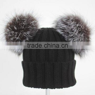 Myfur Black Double Silver Fox Fur Pom Puff Knitted Funny Cute Beanie Hats photo-5