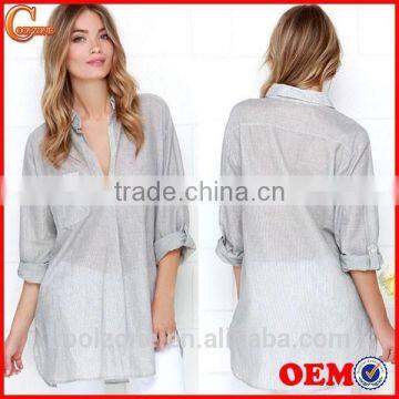 Loose Short Sleeve With Pocket Striped Design Lady Blouse photo-1