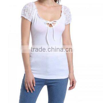 2017 Summer Cotton Hollow Patchwork Women Short Sleeve Blouses photo-2