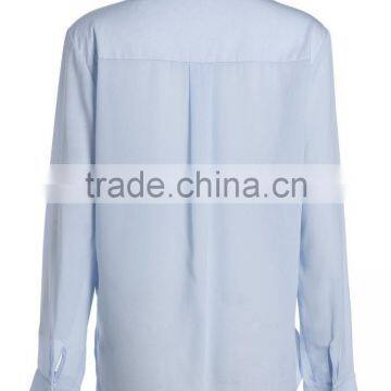 Ladies Mid Long Sleeve Blue Side Slit Cotton Button up Shirt With Pocket Design photo-3
