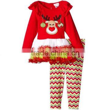 Children christmas clothes reindeer top with chevron pants flutter sleeve tutu shirts girl christmas outfits