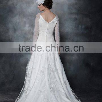 A-line Scoop Neck Satin Over Net With Embroidery Bridal Dress Lace With Crystal 3/4 Sleeve Wedding Dress AS29402 photo-2
