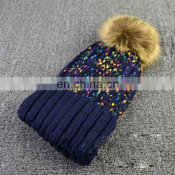 Colorful dobby miex color weave knit women hats with fur pom pom