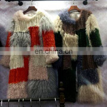 Women Rabbit Fur Patchwork Mogolia sheepfur long size Coat Winter Warm Long Jacket Wind-break light purple plus size fur jacket