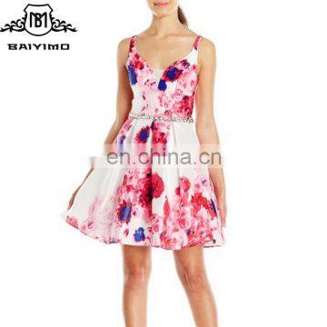 2017 BAIYIMO Floral Printed Fit-and-Flare Sleeveless and V-back With Zipper Summer Casual Dress Made in china