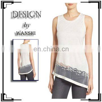 Wholesale top tank women sleeveless lace hem fashion design white top 2016