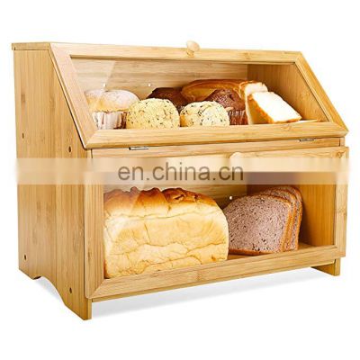 Double Layer Bread Box for Kitchen Large Bamboo Capacity Food Storage