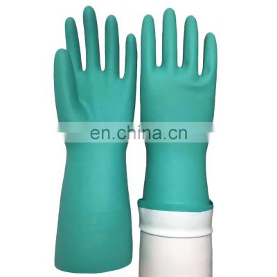 15 mil Long Cuff  Flock Lined Green Nitrile Chemical Resistant Gloves for Work Safety