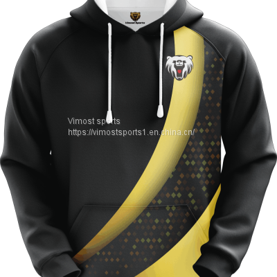 2022 Customized Sublimation Hoodie of Black and Yellow Colors with White Strings