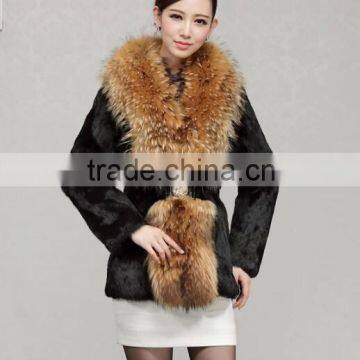 Women's 100% Real Rabbit Fur Coat with Big Raccoon Fur Collar