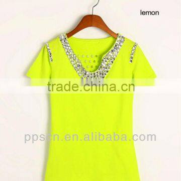 New summer fashion colorful ladies' backless T-shirt with stone crown,made in china