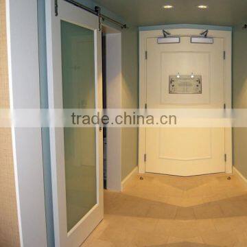 Single lite sliding frosted tempered glass barn door with stainless steel tubular sliding track system