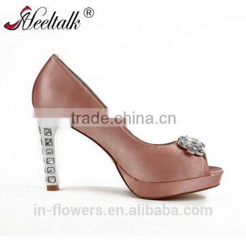 Peep toe pink satin shoes with rhinestone women shoes factory china