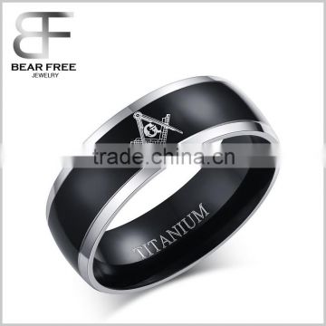 Titanium Mens Black Polished Comfort Fit Wedding Band Ring with Silver Beveled Edges & Masonic Symbol