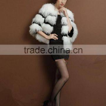 2015 White Winter Long Style Real Lamb Mongolian Sheep Fur Coat For Lady