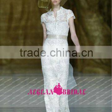 R13613 2013 Barcelona summer high collar short sleeves lace antique wedding dress