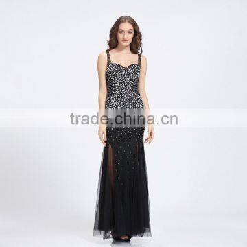 Black chiffon mesh beaded backless strap shoulder cocktail dress 2016 full lenght ruffer sweeps