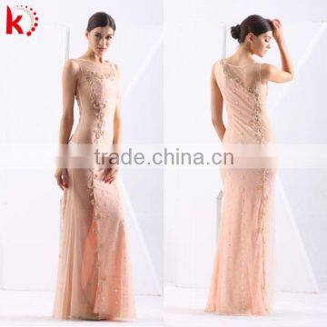 Sexy Nude Lining Round Neck Sleeveless Side Transparent Floor Length Lace Dubai Online Shopping Evening Dresses