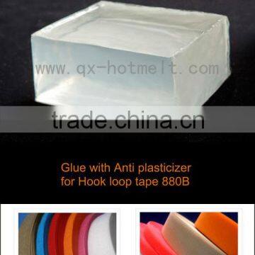 Anti plasticizer adhesive for hook and loop tapes