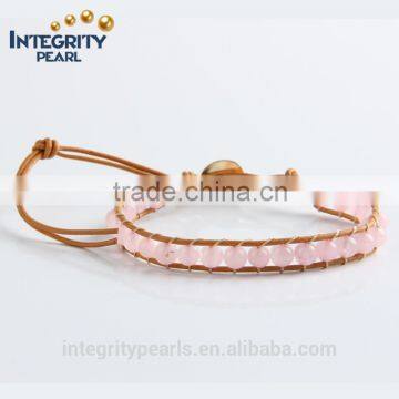 6mm pink stone bracelet, women bracelet vintage weave wrap quartz leather wrist, leather bracelet with stone