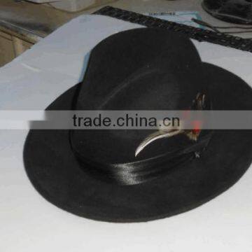 Mens Hat 100% Wool Wide Round Brim Fedora Cap Satin Feather Band Black photo-2