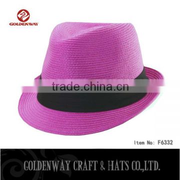 pink straw paper fedora hat with black ribbon with customized logo