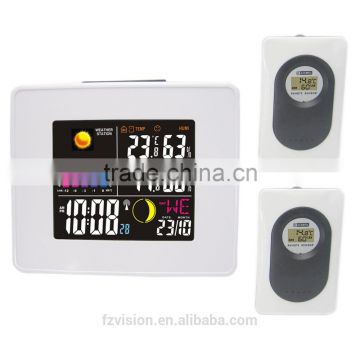 Wireless Weather Station White Alarm Clock with Backlight Indoor Outdoor Temperature Humidity two tramsmitters