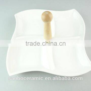 Ceramic Porcelain Divided Plate Square Unique Shaped Serving Snack Plate With Wooden Handle photo-2