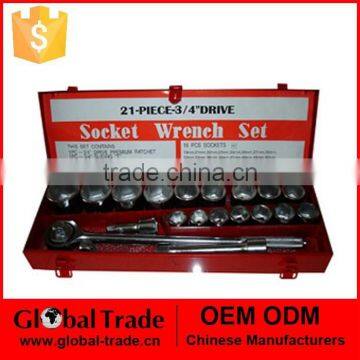 21pcs 3/4" 19-50 Ratchet Socket Set.Sockets/ Ratchet Handle/ Sliding Bar/ Telescopic Bar/ Metal Box. T0021