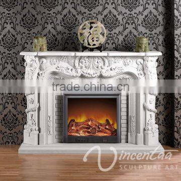 Indoor White Hand-carved Stone Carvings and Sculptures Marble Fireplace photo-5