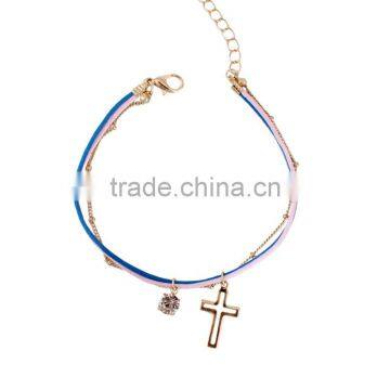 Gold Cross Star Zircon Charms Bracelet Layered Colorful Silk Cord Gold Chain Bracelet photo-3