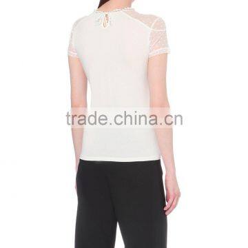 Wholesale Women Sexy Round Neck Short Sleeves Sheer Polka Dot Sleeves and Yoke Straight Hem Cotton Blend T-shirt(DQE0150T) photo-3