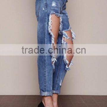 MGOO High Quality Tore Up Knee Women Blue Color Jeans Cotton Baggies In Fold Pants 2016 photo-4
